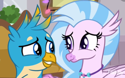 Size: 994x618 | Tagged: safe, derpibooru import, screencap, gallus, silverstream, the hearth's warming club, shipping fuel, smiling