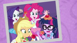 Size: 1920x1080 | Tagged: safe, derpibooru import, screencap, applejack, pinkie pie, rarity, sci-twi, twilight sparkle, better together, equestria girls, rollercoaster of friendship, caramel apple (food), food, geode of sugar bombs, geode of super speed, geode of super strength, magical geodes