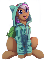 Size: 2150x2900 | Tagged: safe, artist:evomanaphy, derpibooru import, oc, oc only, pony, bulbasaur, clothes, commission, cute, hoodie, ocbetes, open mouth, pokémon, simple background, solo, transparent background