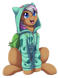 Size: 2150x2900 | Tagged: safe, artist:evomanaphy, derpibooru import, oc, oc only, pony, bulbasaur, clothes, commission, cute, hoodie, ocbetes, open mouth, pokémon, simple background, solo, transparent background