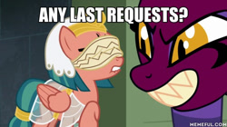 Size: 600x337 | Tagged: safe, derpibooru import, edit, edited screencap, screencap, somnambula, sphinx (character), sphinx, daring done?, blindfold, image macro, meme, memeful.com