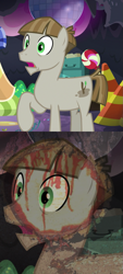 Size: 675x1500 | Tagged: safe, derpibooru import, edit, edited screencap, editor:binkyt11, screencap, mudbriar, earth pony, pony, the maud couple, male, not blood, party cave, solo, stallion, stick abuse, thousand yard stare, tree sap, vietnam flashback