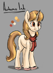 Size: 754x1027 | Tagged: safe, artist:camyllea, derpibooru import, oc, oc only, oc:autumn ink, pony, unicorn, clothes, female, gray background, mare, reference sheet, scarf, simple background, solo