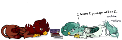 Size: 2000x661 | Tagged: safe, derpibooru import, oc, oc:emerald jewel, oc:ruby rouge, griffon, colt quest, griffonized, species swap, studying