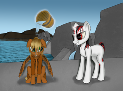 Size: 1930x1422 | Tagged: safe, artist:enkeinn, derpibooru import, oc, oc:blackjack, oc:threnody, pegasus, pony, unicorn, fallout equestria, fallout equestria: project horizons, fallout equestria: speak, dam, horn, missing cutie mark, small horn, smiling, water, wet mane, wings down