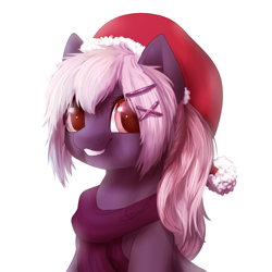 Size: 1024x1024 | Tagged: safe, artist:peachmayflower, oc, oc only, cute, hairpin, hat, looking at you, ocbetes, santa hat, smiling, solo