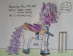 Size: 1617x1254 | Tagged: safe, artist:rapidsnap, derpibooru import, oc, oc only, oc:amethyst shade, bat pony, bad pun, cricket (sport), cricket bat, pun, solo, sports, traditional art