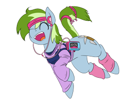 Size: 1800x1500 | Tagged: safe, artist:dudey64, derpibooru import, oc, oc only, oc:nessy gouge, pony, 80s, cassette player, clothes, laughing, simple background, solo, transparent background, walkman