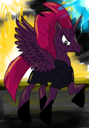 Size: 640x924 | Tagged: safe, artist:horsesplease, derpibooru import, tempest shadow, alicorn, >:), alicornified, evil grin, explosion, fireworks, fizzlepop's fireworks, happy, paint tool sai, pretty pretty tempest, princess of explosions, race swap, raised hoof, smiling, smirk, spread wings, tempest gets her horn back, tempest gets her wings back, tempest now has a true horn, tempesticorn, wings