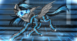 Size: 1920x1040 | Tagged: safe, artist:wolfchen999, derpibooru import, oc, oc only, pegasus, pony, grid, male, powersuit, solo, tron, visor