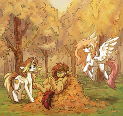 Size: 1580x1500 | Tagged: safe, artist:koviry, oc, oc only, oc:caroline sunshine, oc:djizzy, oc:keman, earth pony, pegasus, pony, unicorn, autumn, caroman, commission, female, floppy ears, flying, forest, kezzy, leaf pile, mare, smiling, tree, trio