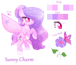 Size: 1496x1286 | Tagged: safe, artist:sugaryicecreammlp, derpibooru import, oc, oc:sunny charm, earth pony, pony, female, glimmer wings, mare, reference sheet, simple background, solo, transparent background