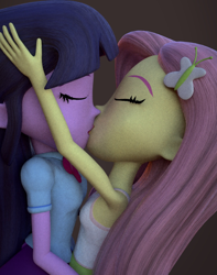 Size: 1024x1301 | Tagged: safe, artist:thebronymarines, fluttershy, twilight sparkle, equestria girls, 3d, 3d model, blender, clothes, female, kissing, lesbian, shipping, tanktop, twishy