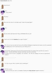 Size: 857x1218 | Tagged: safe, artist:dziadek1990, derpibooru import, twilight sparkle, androgynous, artificial intelligence, child, conversation, dialogue, door, emote story, emotes, euthanasia, experiment, female, kill me, knock knock joke, magic, mother, mother and child, murder, parent and child, parent:twilight sparkle, reddit, science, slice of life, spell, text