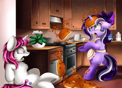 Size: 3509x2550 | Tagged: safe, artist:pridark, derpibooru import, oc, oc only, oc:scarlet melody, unicorn, apron, bipedal, chest fluff, clothes, commission, flower, food, funny, monster, open mouth, pancakes, pot, stove, syrup, underhoof, unnamed oc, what has magic done, what has science done