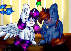 Size: 1024x736 | Tagged: safe, artist:singeryanne, artist:twily-star, oc, oc only, oc:headlong flight, oc:singery anne, oc:twily star, collaboration, blushing, cute, gift art, holly, holly mistaken for mistletoe, watermark