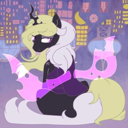 Size: 1024x1024 | Tagged: safe, artist:liquidharmony-kimora, oc, oc only, changeling, changeling oc, female, lidded eyes, purple changeling, sitting, solo, tongue out