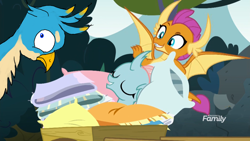 Size: 1366x768 | Tagged: safe, derpibooru import, edit, edited screencap, editor:horsesplease, screencap, gallus, ocellus, smolder, dragon, school daze, bed bug, behaving like a rooster, cute, derp, diaocelles, discovery family logo, dragoness, duo, female, flying, gallus the rooster, grin, happy, paint tool sai, pillow, sleeping, smiling, wagon