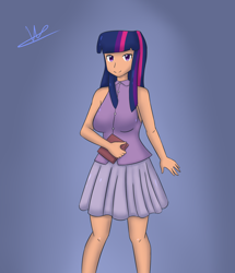 Size: 2098x2443 | Tagged: safe, artist:wolfy-pony, derpibooru import, twilight sparkle, human, clothes, cute, female, humanized, legs, moe, pleated skirt, skirt, smiling, solo