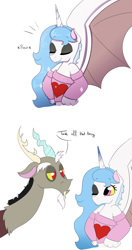 Size: 2893x5487 | Tagged: safe, artist:marukouhai, discord, oc, oc:eris, hybrid, absurd resolution, clothes, eyes closed, father and child, father and daughter, interspecies offspring, male, offspring, one eye closed, parent and child, parent:discord, parent:princess celestia, parents:dislestia, shoulderless, sweater