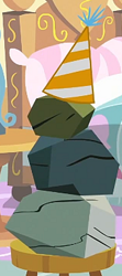 Size: 214x482 | Tagged: safe, derpibooru import, screencap, rocky, party of one, cropped, hat, party hat, rock, stool