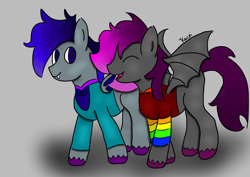 Size: 1684x1191 | Tagged: safe, artist:kacpi, derpibooru import, oc, oc only, bat pony, bat pony oc, clothes, friendship, smiling