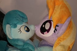 Size: 1280x853 | Tagged: safe, artist:epicrainbowcrafts, artist:rainbowsnowheart, derpibooru import, cloud kicker, spring melody, sprinkle medley, bed, cute, duo, female, kissing, lesbian, life size, plushie, shipping, springkicker