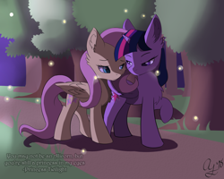 Size: 2000x1600 | Tagged: safe, artist:aurorafang, derpibooru import, fluttershy, twilight sparkle, twilight sparkle (alicorn), alicorn, firefly (insect), pegasus, pony, dialogue, digital art, female, lesbian, love, moonlight, night, park, shipping, signature, tree, twishy, walking