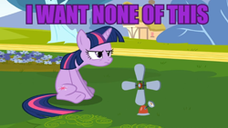 Size: 720x405 | Tagged: safe, edit, edited screencap, screencap, twilight sparkle, unicorn twilight, pony, unicorn, hurricane fluttershy, anemometer, female, grumpy, grumpy twilight, image macro, mare, meme, purple text, sitting, solo