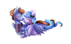 Size: 4800x3000 | Tagged: safe, artist:scarlet-spectrum, oc, oc only, pegasus, pony, unicorn, absurd resolution, boop, commission, cuddling, eyes closed, glasses, intertwined tails, male, noseboop, oc x oc, shipping, simple background, snuggling, straight, transparent background