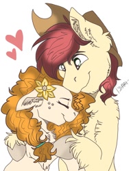 Size: 768x1024 | Tagged: safe, artist:ilovelionspeace, derpibooru import, bright mac, pear butter, pony, brightbutter, cowboy hat, ear fluff, eyes closed, female, floppy ears, flower, flower in hair, fluffy, freckles, hat, heart, male, mare, shipping, simple background, smiling, stallion, straight, white background