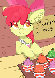 Size: 2893x4092 | Tagged: safe, artist:meowmavi, apple bloom, earth pony, pony, absurd resolution, adorabloom, apron, chest fluff, clothes, cute, ear fluff, food, heart eyes, muffin, sign, smiling, solo, tray, wingding eyes