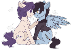 Size: 3000x2048 | Tagged: safe, artist:cinnamontee, derpibooru import, oc, oc only, oc:nell, oc:tyler, earth pony, pegasus, pony, gay, high res, male, oc x oc, shipping, simple background, sitting, third eye, transparent background