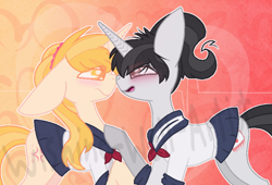 Size: 800x545 | Tagged: safe, artist:wishing-well-artist, oc, oc only, pony, unicorn, blushing, clothes, female, horns are touching, mare, schoolgirl, watermark