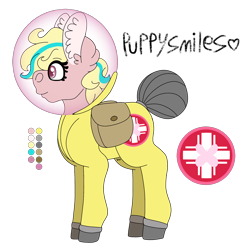 Size: 2048x2048 | Tagged: safe, artist:eleamorbid, derpibooru import, oc, oc only, oc:puppysmiles, earth pony, pony, fallout equestria, fallout equestria: pink eyes, ear fluff, female, filly, hazmat suit, hooves, reference sheet, saddle bag, simple background, smiling, solo, transparent background