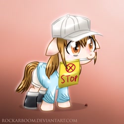 Size: 2048x2048 | Tagged: safe, artist:rockarboom, derpibooru import, earth pony, pony, anime, boots, cap, cells at work, clothes, female, filly, gradient background, hat, mouth hold, parody, platelets, ponified, shirt, shoes, sign, solo, stop sign, t-shirt