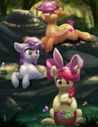 Size: 1024x1325 | Tagged: safe, artist:silentwulv, apple bloom, scootaloo, sweetie belle, pony, bunny ears, cute, cutie mark crusaders, dappled sunlight, easter, easter egg, eyes closed, face paint, female, filly, holiday, smiling, trio, water