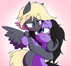 Size: 882x824 | Tagged: safe, artist:jase1505, oc, oc only, oc:ambient nightfall, oc:umbra amethyst, pegasus, pony, unicorn, blushing, colored, embrace, female, hug, lesbian, looking at each other, love, shipping, snuggling, wings