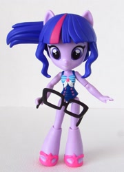 Size: 1185x1642 | Tagged: safe, artist:whatthehell!?, derpibooru import, sci-twi, twilight sparkle, equestria girls, clothes, doll, equestria girls minis, glasses, irl, photo, ponied up, sandals, swimsuit, toy