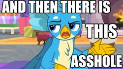 Size: 1280x720 | Tagged: safe, derpibooru import, edit, edited screencap, screencap, gallus, griffon, the hearth's warming club, and then there's this asshole, fire, fireplace, image macro, juxtaposition bait, meme, solo, vulgar