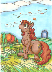 Size: 1644x2283 | Tagged: safe, artist:foxofwar, oc, oc only, oc:erin olsen, oc:sunflower, pony, fanfic:project sunflower, fanfic, fanfic art, portal, traditional art, wind