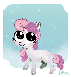 Size: 2482x2715 | Tagged: safe, artist:puffpink, sweetie belle, classical unicorn, pony, unicorn, cloven hooves, cute, leonine tail, looking up, signature, snow, snowfall, solo, unshorn fetlocks