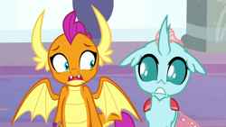 Size: 1280x720 | Tagged: safe, derpibooru import, screencap, ocellus, smolder, changedling, changeling, dragon, a matter of principals, dragon wings, dragoness, fangs, female, floppy ears, gritted teeth, horns, open mouth, scared, spread wings, wings