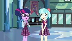 Size: 1280x720 | Tagged: safe, artist:aqua-pony, artist:edwardp31, artist:xebck, coco pommel, sci-twi, twilight sparkle, equestria girls, clothes, crystal prep academy uniform, equestria girls-ified, female, glasses, school uniform, skirt