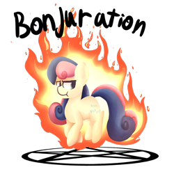 Size: 1000x1000 | Tagged: safe, artist:lyres-art, bon bon, sweetie drops, earth pony, pony, :t, annoyed, bonpun, female, fire, floating, glare, looking back, mare, on fire, pentagram, pun, simple background, solo, transparent background, unamused