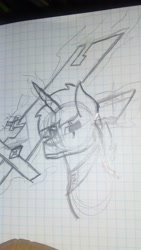 Size: 1440x2560 | Tagged: safe, artist:xxenocage, pony, bust, doodle, graph paper, monochrome, portrait, sketch, solo, sword, traditional art, weapon