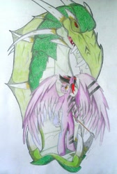 Size: 641x955 | Tagged: safe, artist:thecrimsonspark, derpibooru import, oc, oc:queen aiexos, dragon, magic, traditional art, weapon, wings