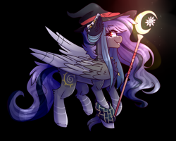 Size: 2000x1600 | Tagged: safe, artist:emily-826, artist:skimea, oc, oc only, oc:kama, oc:shylu, pegasus, pony, black background, female, fusion, hat, mare, simple background, staff