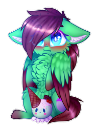 Size: 1146x1492 | Tagged: safe, artist:honeybbear, derpibooru import, oc, oc only, oc:kiwi coco, oc:ko ko bop, pegasus, pony, blushing, chest fluff, chibi, female, floppy ears, food, ice cream, mare, plushie, simple background, solo, transparent background