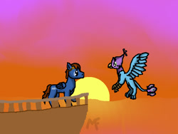 Size: 640x480 | Tagged: safe, artist:berylliumkitten, derpibooru import, oc, oc:gyro feather, oc:gyro tech, oc:seaward skies, griffon, griffonized, species swap, sunset